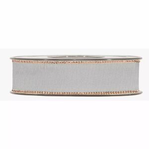 Ruban gros-grain gris argent à liseré métallisé cuivré pour bouquets et emballages cadeaux de fleuriste