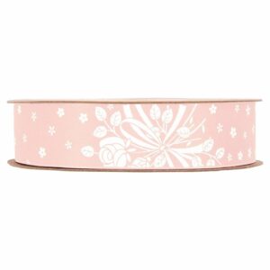 Rouleau de ruban rose imprimé de bouquets de roses blancs pour bouquets et dragées de fleuriste