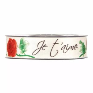 Ruban blanc imprimé de roses rouges et de l'inscription Je t'aime pour bouquets de Saint-Valentin de fleuriste