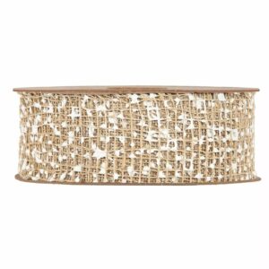 Ruban en jute naturelle ajourée mouchetée de blanc pour bouquets champêtres et couronnes de Noël