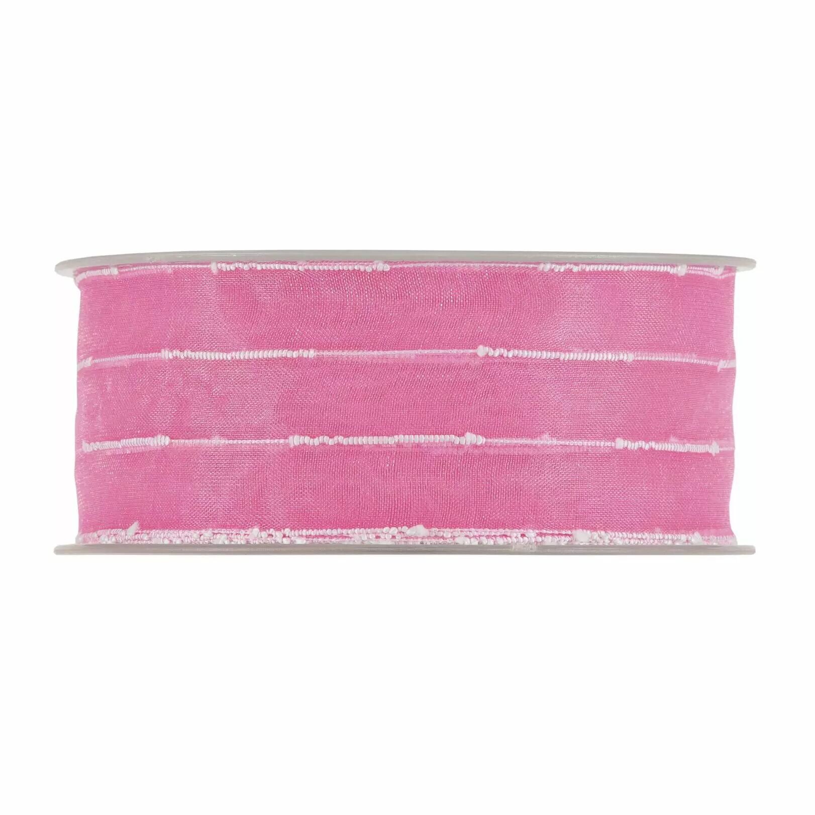 Rouleau de ruban en organza fuchsia rayé de fils blancs à petits nœuds pour dragées et bouquets