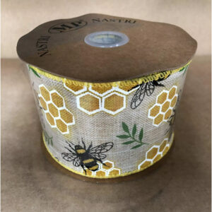 Bobine de ruban en toile imprimé abeilles et alvéoles jaunes pour bouquets champêtres
