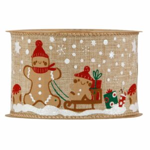 Ruban en toile naturelle imprimé de bonshommes pain d'épices et luge pour paquets cadeaux de Noël