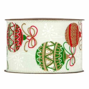 Bobine de ruban en toile écrue imprimé de boules de Noël rouges et vertes pour couronnes de fleuriste