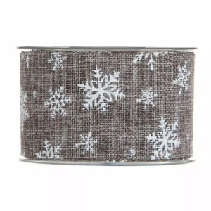Ruban gris aspect toile de jute imprimé de flocons de neige blancs pour couronnes et compositions d'hiver