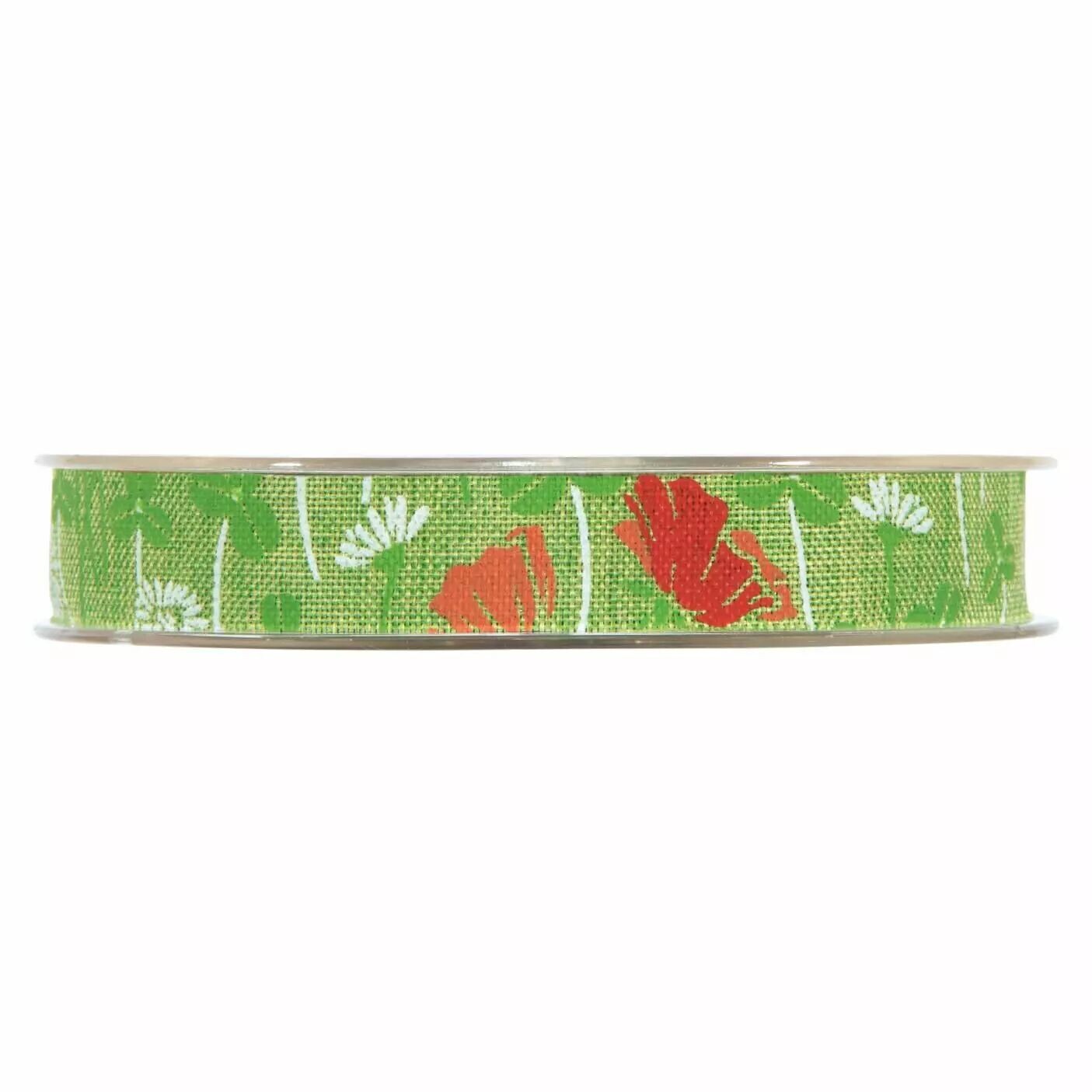 Rouleau de ruban en toile verte imprimé de coquelicots rouges pour bouquets champêtres de fleuriste