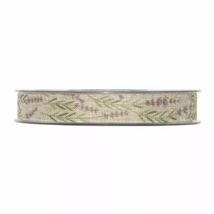 Rouleau de ruban en toile beige imprimé de brins de lavande pour bouquets provençaux de fleuriste