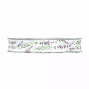 Rouleau de ruban en toile blanche imprimé de brins de lavande pour décor de mariage provençal