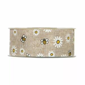 Rouleau de ruban en toile beige imprimé de marguerites et d'abeilles pour bouquets de printemps