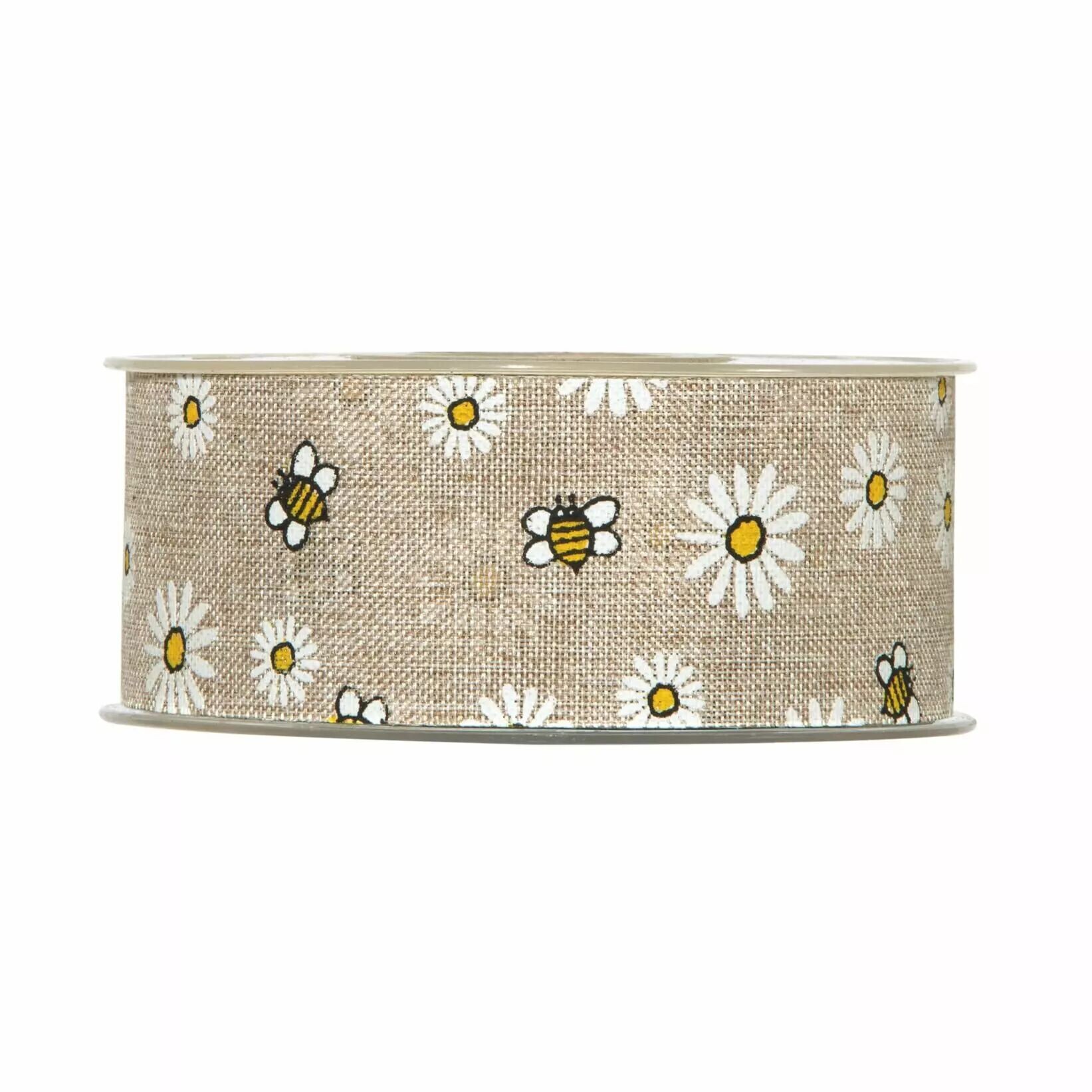 Rouleau de ruban en toile beige imprimé de marguerites et d'abeilles pour bouquets de printemps