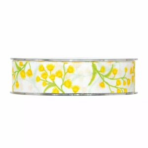 Rouleau de ruban en toile blanche imprimé de branches de mimosa jaunes pour bouquets de fleuriste