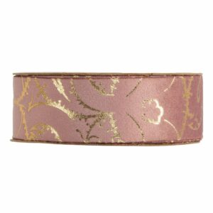 Ruban velours vieux rose à arabesques dorées pour bouquets et emballages cadeaux de fêtes