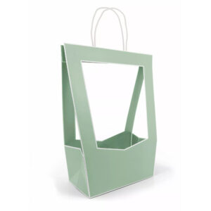 Sac porte-bouquet en carton vert sauge à fenêtre découpée et anses torsadées blanches pour bouquet de mariage