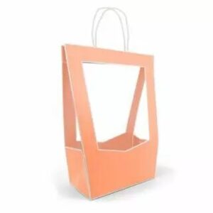 Sac porte-bouquet en carton pêche à grande fenêtre découpée et anses torsadées blanches pour bouquet de fleuriste