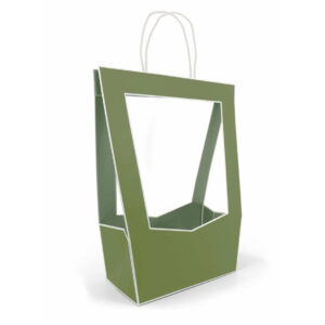 Sac porte-bouquet en carton vert kaki à grande fenêtre découpée et anses torsadées pour bouquet champêtre