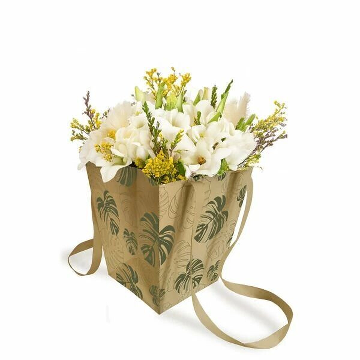 Sac porte-bouquet en carton trapèze kraft imprimé de feuilles de monstera garni d'un bouquet blanc et jaune