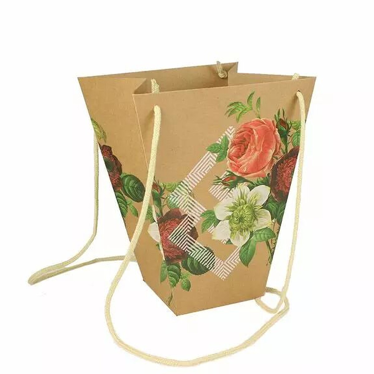 Sac en kraft évasé imprimé de roses et fleurs blanches à anses en corde pour plante à offrir chez le fleuriste