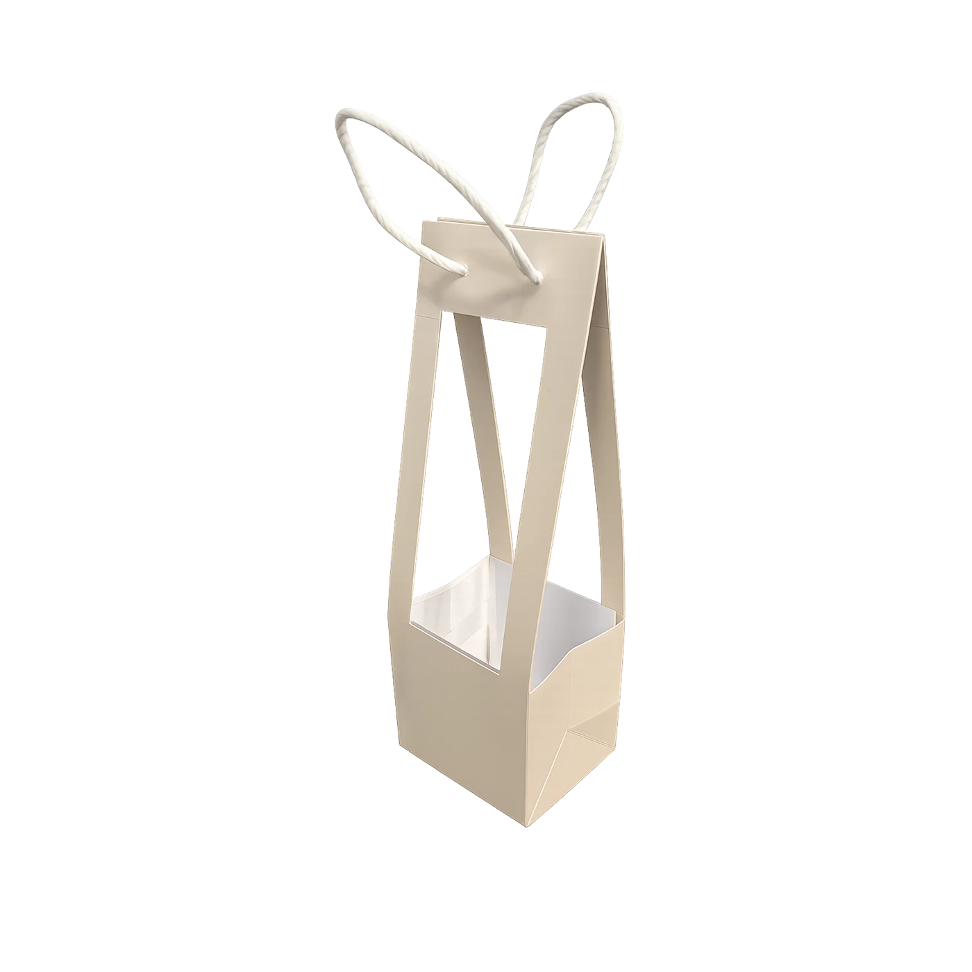 Sac porte-bouquet haut en carton crème ajouré à anses cordelière blanches pour bouquet de fleuriste