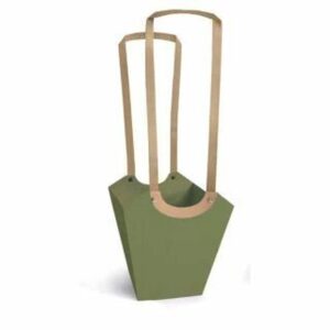 Sac porte-bouquet en carton vert kaki évasé à grandes anses kraft pour transporter un bouquet en eau