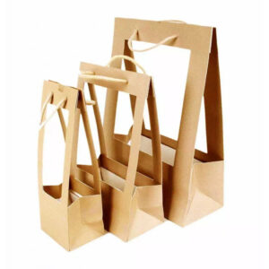 Sacs porte-bouquet en carton kraft à façade évidée et poignées cordelette pour livraison de fleurs