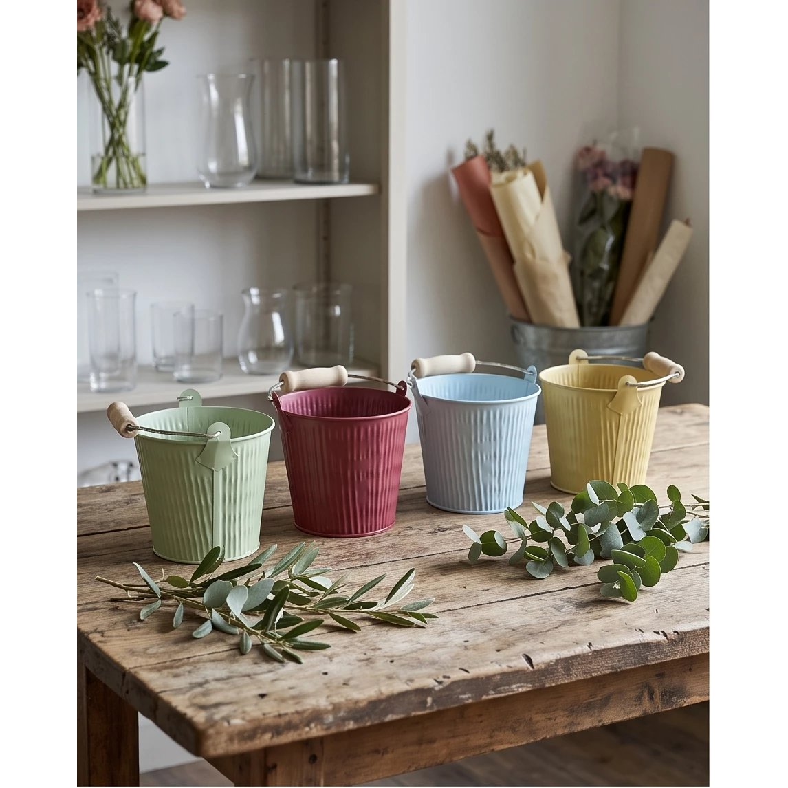 Seaux en zinc striés à poignée bois vert, framboise, bleu et jaune pour plantes fleuries en boutique de fleurs, vue 2