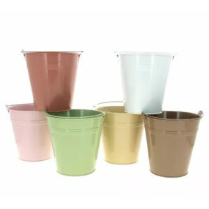 Seaux en zinc laqué à anse dans six coloris pastel pour plantes fleuries et décor de mariage