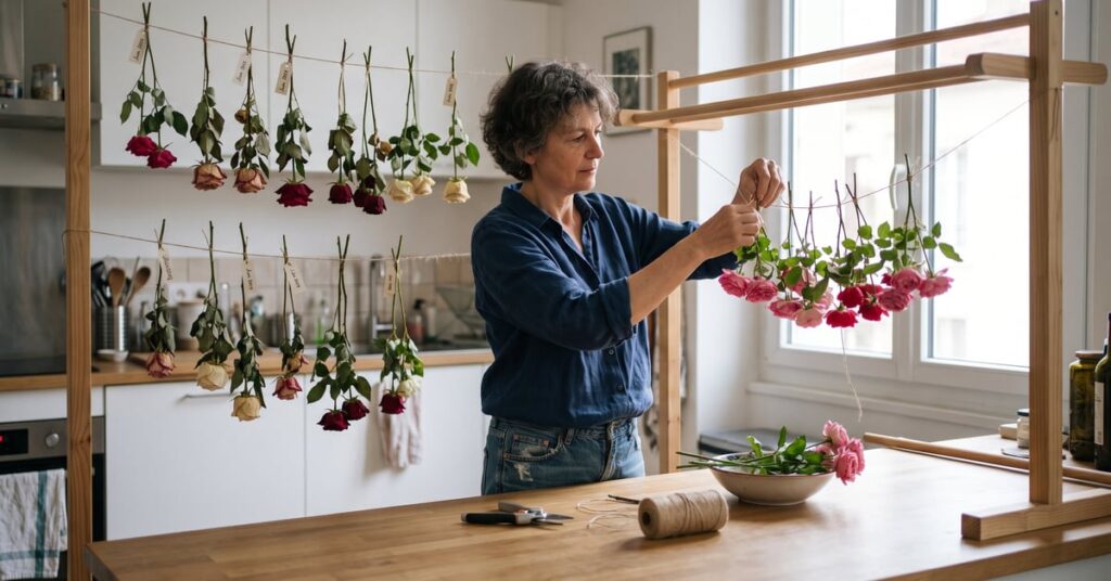 Roses séchées suspendues tête en bas pour conservation, méthode naturelle de séchage à la maison