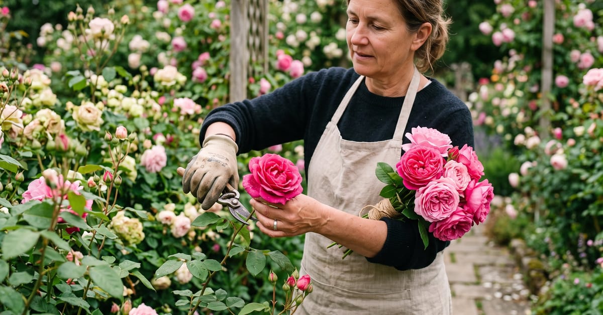 Roses fraîches sélectionnées avant séchage, tiges et pétales intacts prêts à être conservés