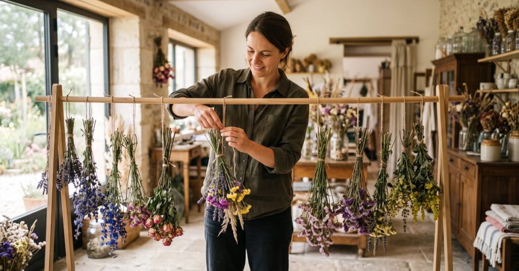 Fleurs fraîches suspendues à l'envers pour sécher naturellement, technique pour faire sécher des fleurs