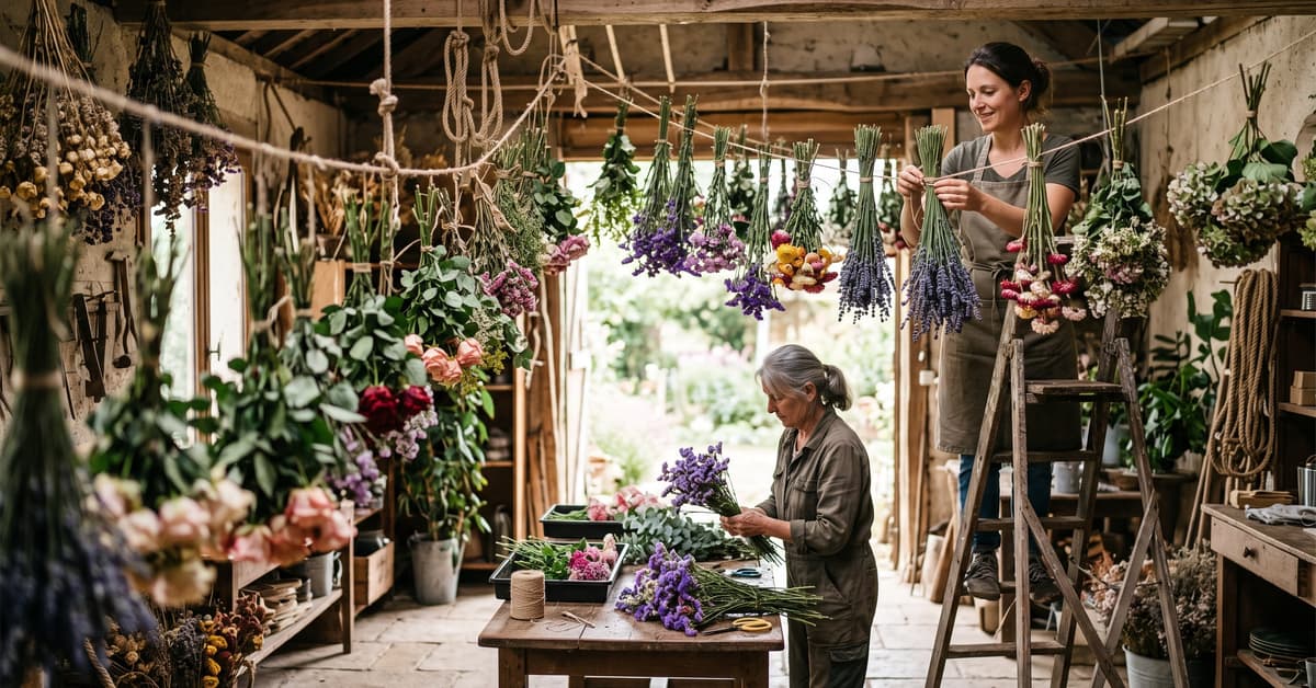 Bouquets de fleurs suspendus à l'envers pour faire sécher des fleurs à l'air libre