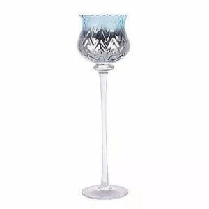 Vase en verre sur haute tige à coupe tulipe en relief dégradé bleu et argent pour table de fête