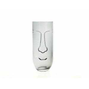 Vase en verre gris fumé avec visage stylisé en relief pour bouquets et vitrine de fleuriste